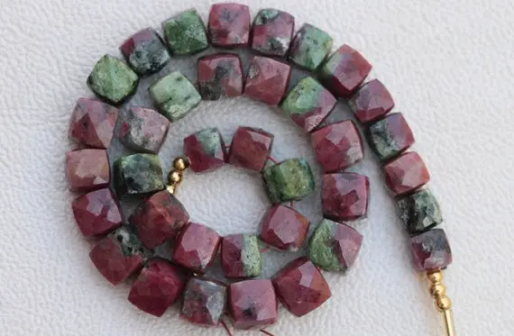 Natural, 9 Inch Faceted Cube Ruby Zoisite Cube Briolette Beads, Ruby Zoisite Gemstone, 6 - 8 Mm App, Wholesale, Custom