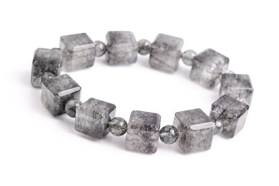 Genuine Natural Rutilated Quartz Gemstone Beads 11-12mm Black Beveled Edge Faceted Cube A+ Quality Bracelet (117893h-3984)