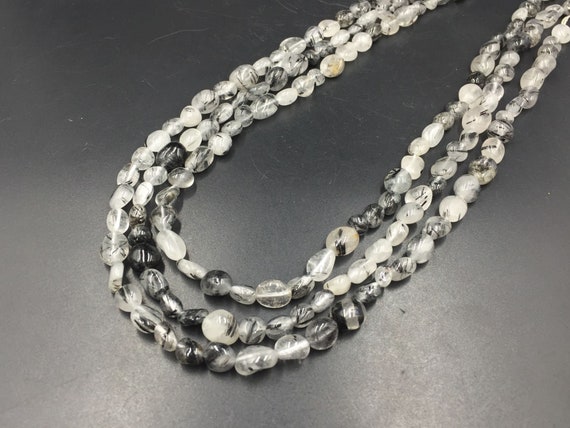 Black Rutilated Quartz Beads Pebble Beads Nugget Beads 6-8mm Natural Black Rutilated Quartz Crystal Gemstone Beads 15.5" Strand