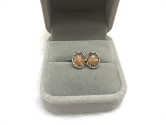 Natural 8x10mm Oval Copper Rutilated Quartz Genuine Gemstone Earrings ---1 Pair (2pcs)