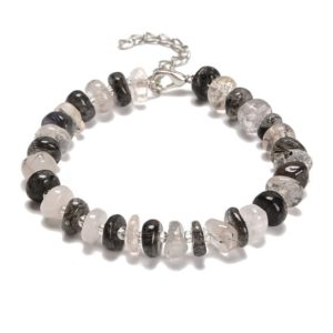 Black Rutilated Quartz Wheel Beaded Bracelet Silver Clasp 3x10mm 7.5" Length | Natural genuine beads Array beads for beading and jewelry making.  #jewelry #beads #beadedjewelry #diyjewelry #jewelrymaking #beadstore #beading #affiliate #ad