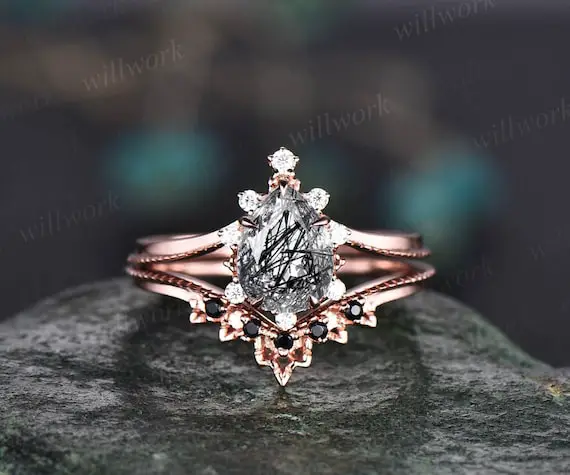 Unique Pear Shaped Black Rutilated Quartz Engagement Ring Set Rose Gold Black Diamond Ring Vintage Moissanite Anniversary Ring Set Women