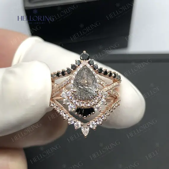 Vintage Pear Shaped Black Rutilated Quartz Engagement Ring Set Rose Gold Black Onyx Diamond Moissanite Diamond Twisted Band Anniversary Ring