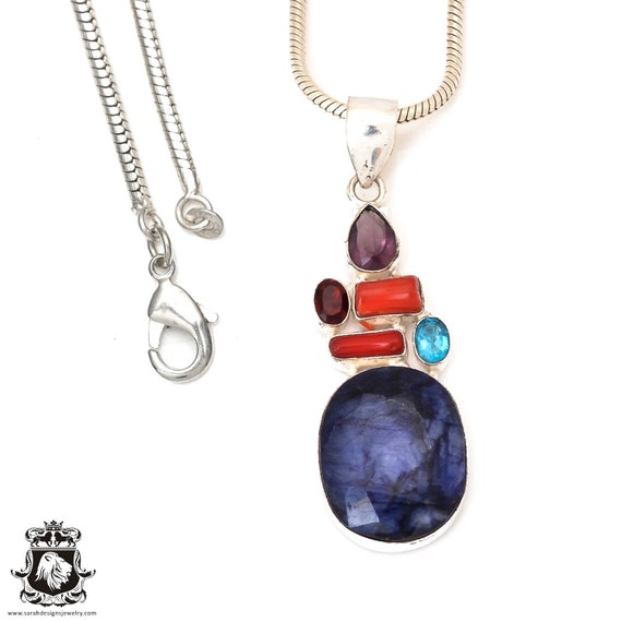 Sapphire Coral Amethyst Blue Topaz 925 Sterling Silver Pendant & 3mm Italian 925 Sterling Silver Chain P7224