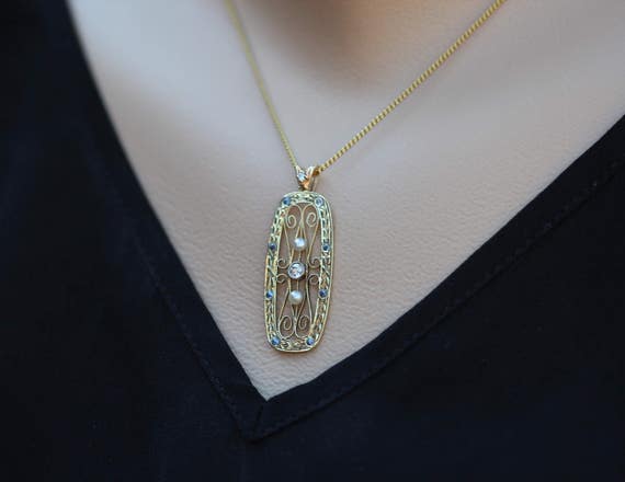 Edwardian Diamond Pendant, Vintage Green Gold Diamond & Sapphire Necklace, Old European Diamond Conversion Pendant
