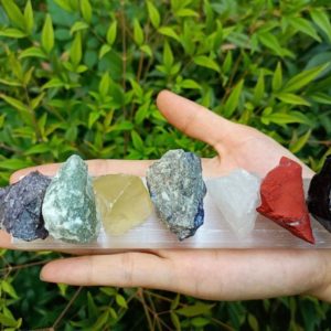 Shop Raw & Rough Selenite Stones! Seven Chakra Raw Crystal Set with Selenite Charging Plate | Natural genuine stones & crystals in various shapes & sizes. Buy raw cut, tumbled, or polished gemstones for making jewelry or crystal healing energy vibration raising reiki stones. #crystals #gemstones #crystalhealing #crystalsandgemstones #energyhealing #affiliate #ad