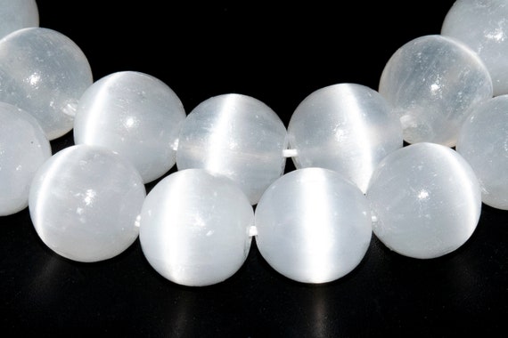 Genuine Natural Selenite Gemstone Beads 10mm Cat Eye White Round Aaa+ Quality Loose Beads (115990)