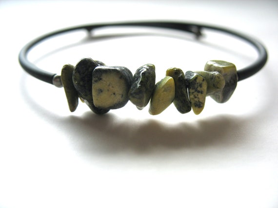 Serpentine Bracelet, Handmade Gemstone Cuff Bracelet, Lime Green Serpentine Stone Bounce Back Bracelet