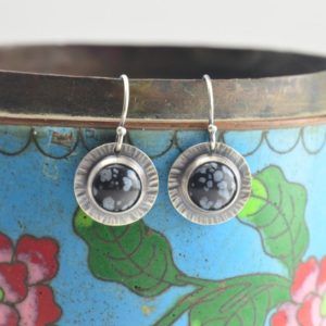 Shop Snowflake Obsidian Earrings! snowflake obsidian hammered circle sterling silver earrings | Natural genuine Snowflake Obsidian earrings. Buy crystal jewelry, handmade handcrafted artisan jewelry for women.  Unique handmade gift ideas. #jewelry #beadedearrings #beadedjewelry #gift #shopping #handmadejewelry #fashion #style #product #earrings #affiliate #ad