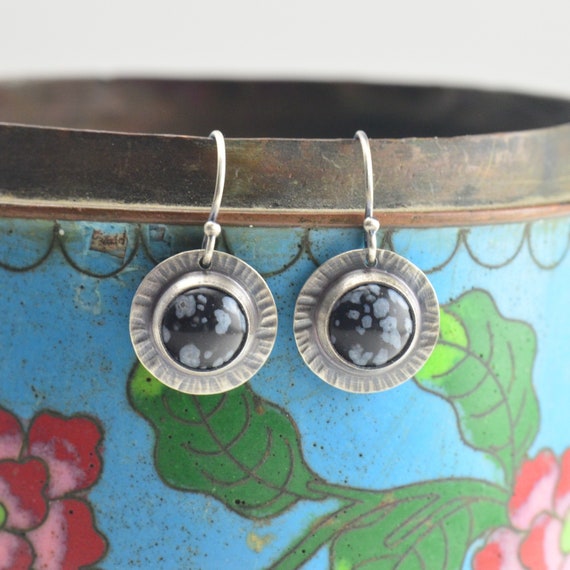 Snowflake Obsidian Hammered Circle Sterling Silver Earrings