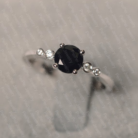 Black Spinel Ring Sterling Silver Engagement Ring 5 Stone Round Cut Black Gemstone Ring