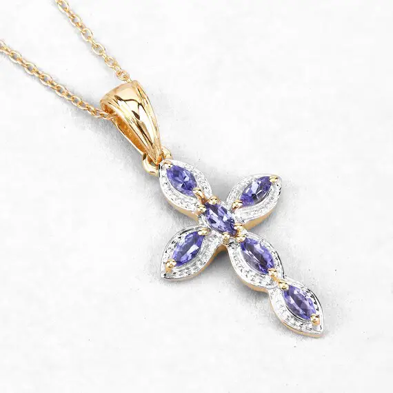 Tanzanite Pendant, Natural Tanzanite Cross Pendant Necklace In Silver With Yellow Gold Plating For Women, December Birthstone