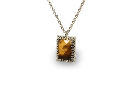 Silver Tiger Eye Necklace  · Faceted Rectangle Necklace · 18k Gold Vermeil Necklace · Brown Gemstone Necklace · Statement Pendant