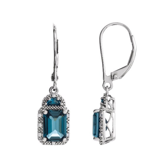Gorgeous 3.85ctw Emerald Cut London Blue Topaz Earrings 14k Gold Diamond Accents Drop Dangle Deep Teal Topaz Jewelry Gift Mom Bride Wife