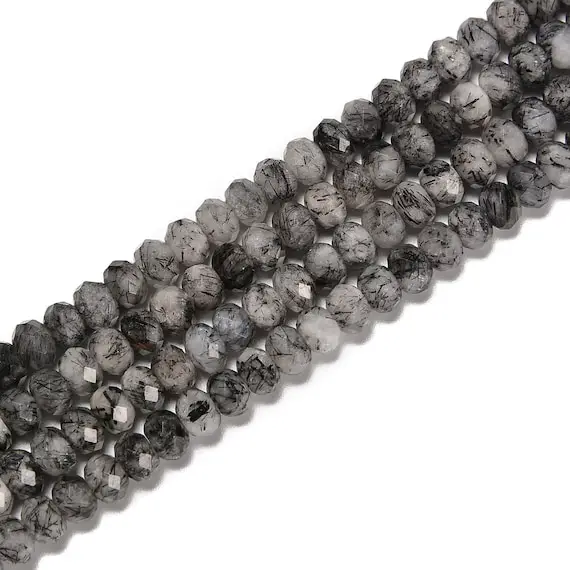 Natural Black Tourmalinated Quartz Faceted Rondelle Beads Size 4x6mm 15.5'' Strd