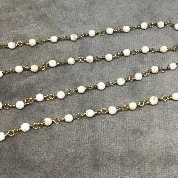 Brass Plated Copper Rosary Chain With 3mm Faceted Round Shaped White Buffalo Turquoise Beads - Sold By The Foot! - Natural Beaded Chain
