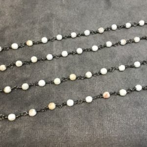Shop Turquoise Faceted Beads! Gunmetal Plated Copper Rosary Chain with 3mm Faceted Round Shaped White Buffalo Turquoise Beads – Sold by the Foot! – Natural Beaded Chain | Natural genuine faceted Turquoise beads for beading and jewelry making.  #jewelry #beads #beadedjewelry #diyjewelry #jewelrymaking #beadstore #beading #affiliate #ad