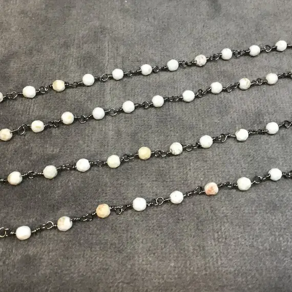 Gunmetal Plated Copper Rosary Chain With 3mm Faceted Round Shaped White Buffalo Turquoise Beads - Sold By The Foot! - Natural Beaded Chain