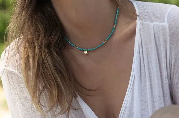 Turquoise Bead Necklace, Gold Beaded Choker, Coin Charm Necklace, Bohemian Rose Gold Necklace
