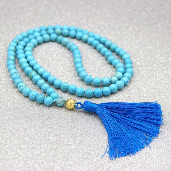 Turquoise Mala Necklace Blue Magnisite 108 Mala Beads Buddhist Prayer Beads Meditation Yoga Healing Jewelry Gemstone Tassel Necklace Gift