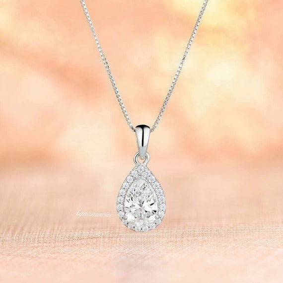 Teardrop White Sapphire Necklace In Sterling Silver- Minimalist Dainty Pear Diamond Bridal Necklace- Anniversary Birthday Gift For Her