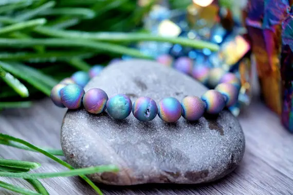 Druzy Rainbow Peacock Aura Agate Crystal 10mm 8mm 6mm Bracelet