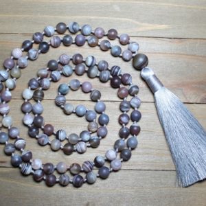 Botswana Agate Necklace, Mala Bead Necklace, Botswana Agate Mala, 108 Bead Mala, Botswana Agate Jewelry, Beaded Tassel Necklace, Yoga Beads | Natural genuine Gemstone necklaces. Buy crystal jewelry, handmade handcrafted artisan jewelry for women.  Unique handmade gift ideas. #jewelry #beadednecklaces #beadedjewelry #gift #shopping #handmadejewelry #fashion #style #product #necklaces #affiliate #ad