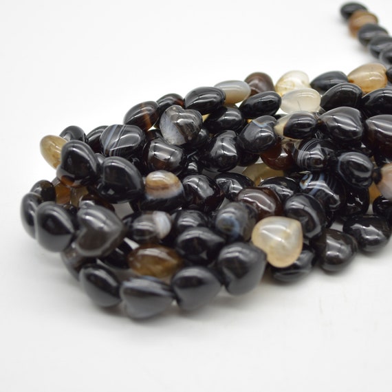 Black Banded Agate Semi-precious Gemstone Heart   Beads - 12mm - 15" Strand