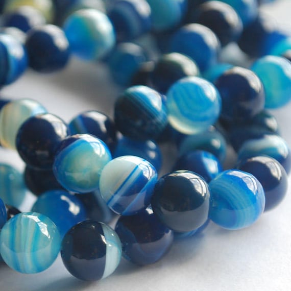 Blue Banded Agate Semi-precious Gemstone Round Beads - 4mm, 6mm, 8mm, 10mm Sizes - 15" Strand