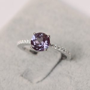 Shop Alexandrite Jewelry! Alexandrite ring round shape ring white gold June birthstone ring engagement ring for woman | Natural genuine Alexandrite jewelry. Buy handcrafted artisan wedding jewelry.  Unique handmade bridal jewelry gift ideas. #jewelry #beadedjewelry #gift #crystaljewelry #shopping #handmadejewelry #wedding #bridal #jewelry #affiliate #ad