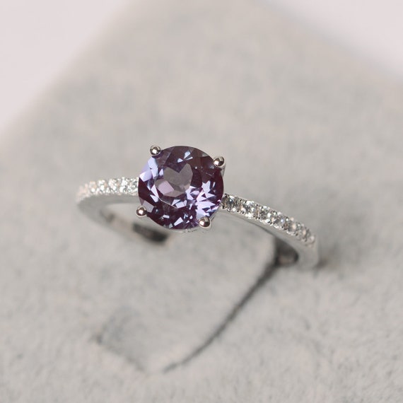 Alexandrite Ring Round Shape Ring White Gold June Birthstone Ring Engagement Ring For Woman