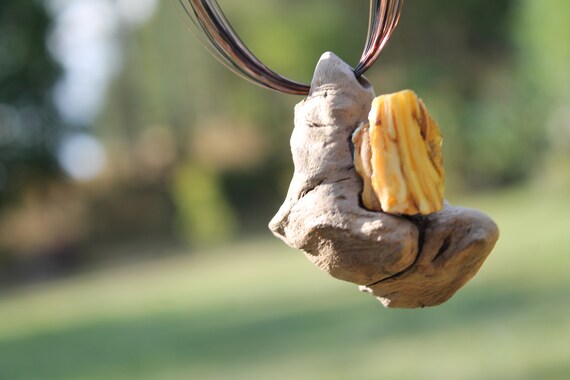 Gray Wood Necklace With White Bone Baltic Amber Wild Driftwood Jewelry Free Form Pendant