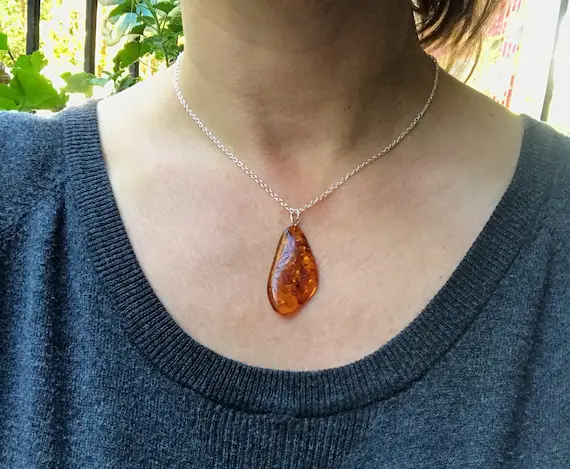 Sale Baltic Amber Pendant Silver Necklace.  Natural Brown Amber Jewelry