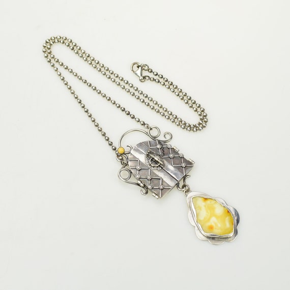 Sterling Silver Locket, Magic Door Pendant, Hand Made Necklace, Yellow Amber Jewelry, Ooak Metalowork Necklace