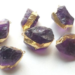 Shop Amethyst Chip & Nugget Beads! 20-35mm Raw Amethyst Connectors, Amethyst Gold Polished Connectors, 2 Pcs Rough Amethyst Gemstone Double Loop Connector For Jewelry | Natural genuine chip Amethyst beads for beading and jewelry making.  #jewelry #beads #beadedjewelry #diyjewelry #jewelrymaking #beadstore #beading #affiliate #ad