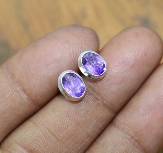 Amethyst 925 Sterling Silver Faceted Purple Amethyst Jewelry Stud Earring ~ Gift For Her