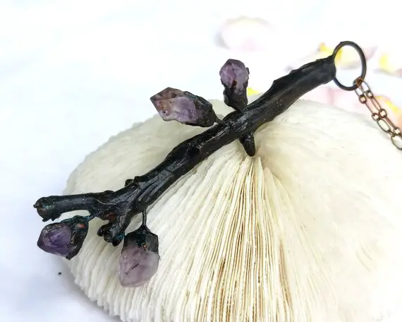 Amethyst Crystal Pendant, Forest Elven Necklace, Aquamarine Twig Branch Pendant, Tourmaline Branch Necklace