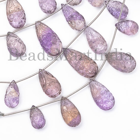 Extremely Rare 5 Pieces Ametrine Flower Carving Beads, Ametrine Pear Shape Flower Carving Beads, Ametrine Heart Shape Beads, Ametrine Beads