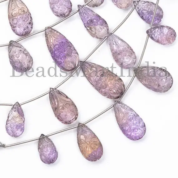 Extremely Rare 5 Pieces Ametrine Flower Carving Beads, Ametrine Pear Shape Flower Carving Beads, Ametrine Heart Shape Beads, Ametrine Beads