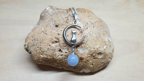 Crescent Moon Cat Necklace Angelite Pendant. Blue Reiki Jewelry Uk. Spirit Animal. Boho Hippie Necklaces For Women