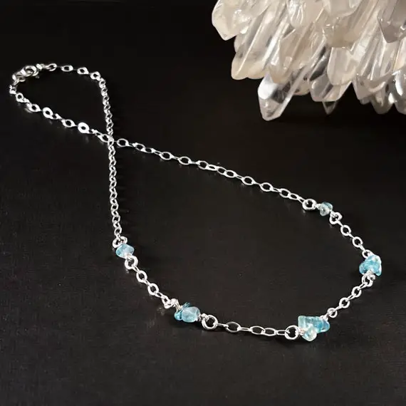 Elegant Apatite Necklace, Blue Apatite Crystals Promotes Motivation Clarity And Focus, Sterling Silver Everyday Choker Or Necklace For Women
