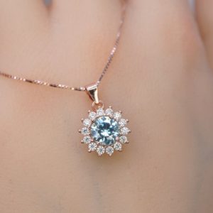 Shop Aquamarine Jewelry! Aquamarine Necklace – Tiny Rose Gold Over Sterling silver Halo Solitaire Blue Princess Diana Style – Aquamarine Jewelry 072 | Natural genuine Aquamarine jewelry. Buy crystal jewelry, handmade handcrafted artisan jewelry for women.  Unique handmade gift ideas. #jewelry #beadedjewelry #beadedjewelry #gift #shopping #handmadejewelry #fashion #style #product #jewelry #affiliate #ad