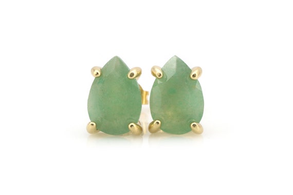 Green Aventurine Earrings · Stud Earrings · Vermeil Earrings · 24k Gold Earrings · 18k Solid Gold Earrings · Pear Gemstone Earrings