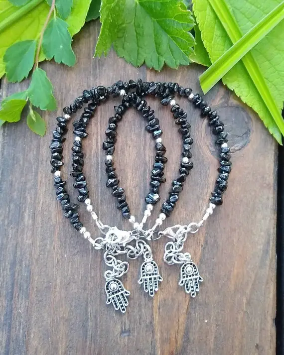 Black Tourmaline And Silver Hamsa Hand Bracelet, Jewelry For Women, Free Shipping, Gifts For Her