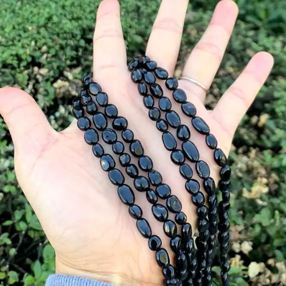 1 Strand/15" Natural Black Tourmaline Healing Gemstone 6mm To 8mm Free Form Oval Tumbled Pebble Stone Bead For Bracelet Charm Jewelry Making