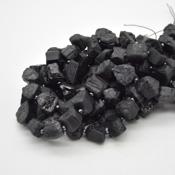 Raw Natural Black Tourmaline Semi-precious Gemstone Chunky Nugget Beads - 12mm - 15mm X 14mm - 15mm - 15" Strand