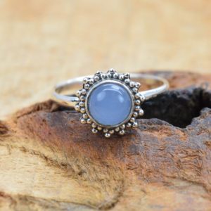Blue Chalcedony 925 Sterling Silver Round Shape Flower Gemstone Ring | Natural genuine Blue Chalcedony rings, simple unique handcrafted gemstone rings. #rings #jewelry #shopping #gift #handmade #fashion #style #affiliate #ad