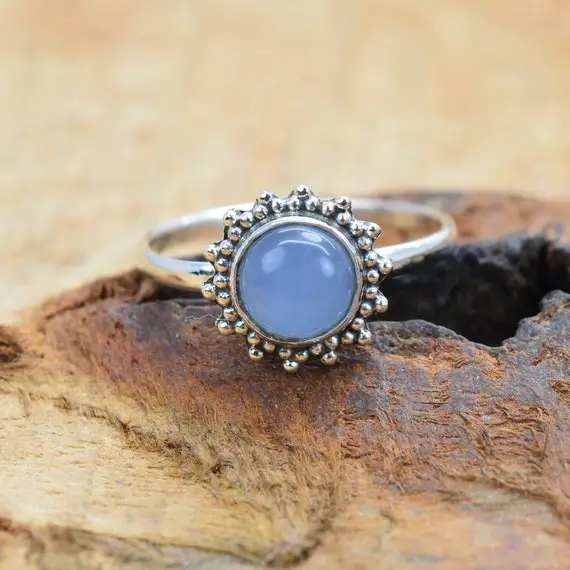 Blue Chalcedony 925 Sterling Silver Round Shape Flower Gemstone Ring