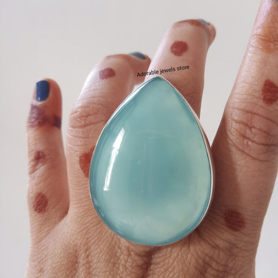 Large Aqua Chalcedony Ring,925 Sterling Silver,excellent Quality Chalcedony,natural Gemstone Statement Ring,blue Chalcedony Mothers Day Gift