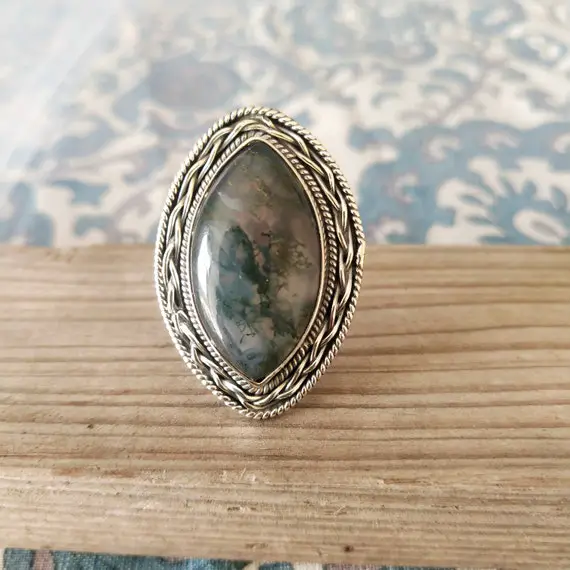 Boho Statement Ring - Moss Agate Sterling Silver Ring - Hand Crafted Bohemian Ring - Bohemian Ring -  Moss Agate Ring - Rings - Gift For Her
